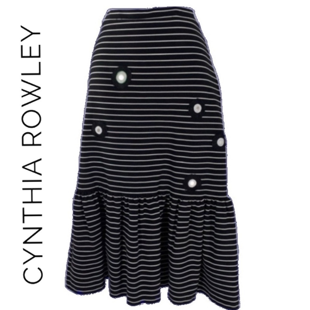 Cynthia Rowley Black Ava Embellished Midi Stripped Skirt Flounce Hem Size Large